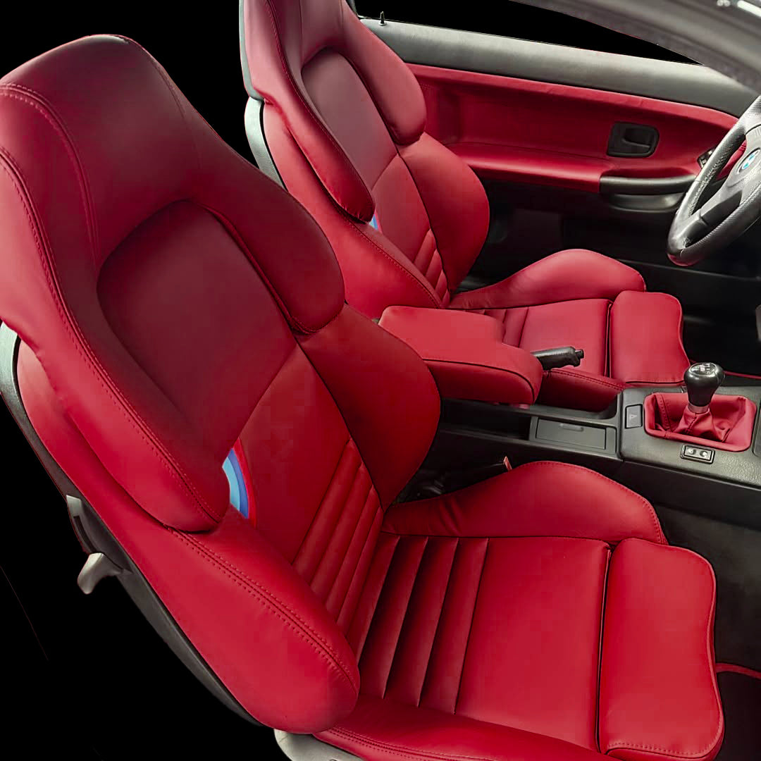 Dark Red BMW E36 M3 Vader Seat Covers – OEM Replacement | Lseat.com, Ridies.com, Katzkin | Upgrade your E36 M3 interior with premium dark red leather Vader seat covers for a factory-correct fit.