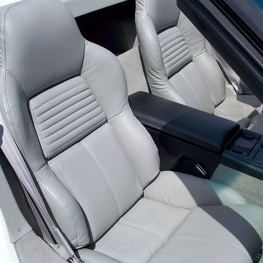 Corvette C4 OEM seat covers replacement in gray leather – custom fit for a factory-style restoration. Compare with Lseat.com, Ridies.com, Kustom Interior, and West Coast Corvette.
