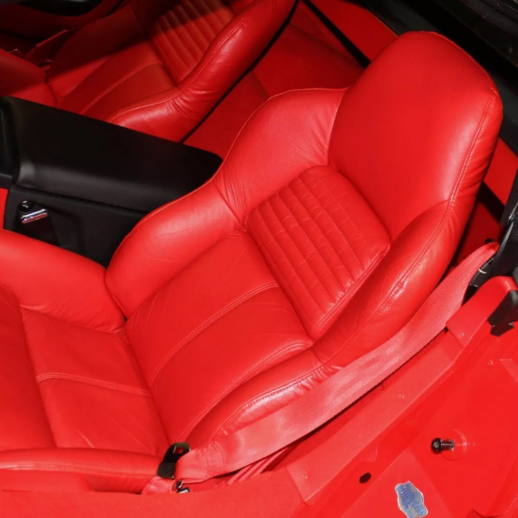 Corvette C4 OEM seat covers replacement in red leather – bold and stylish factory upgrade. Compare with Lseat.com, Ridies.com, Kustom Interior, and West Coast Corvette.
