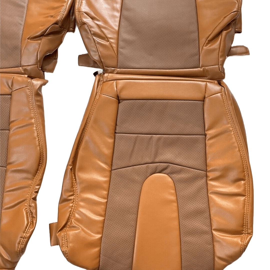 Nissan 350Z synthetic leather seat covers in brown and tan, designed for 2003-2008 models, displayed flat showing the color contrast and detailed design.