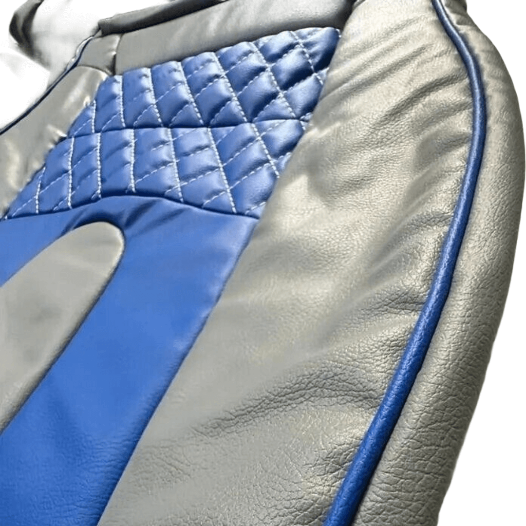 Nissan 350Z synthetic leather seat covers in gray with blue diamond pattern, designed for 2003-2008 models, displayed flat showcasing the detailed design.