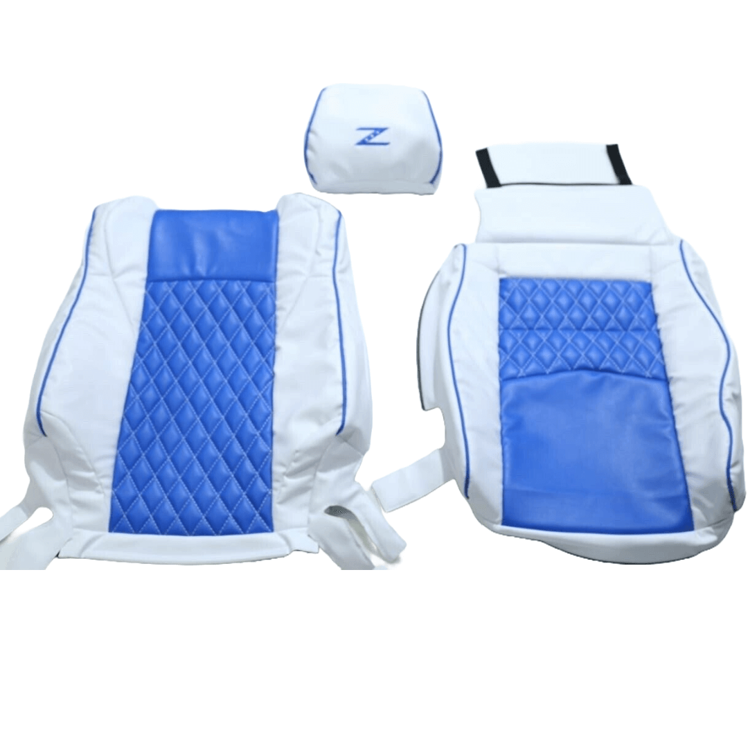 Nissan 350Z synthetic leather seat covers in white with blue diamond pattern, designed for 2003-2008 models, displayed flat highlighting the vibrant colors and intricate design.