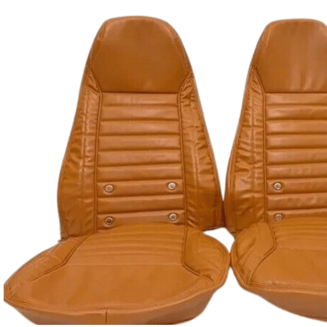 Premium Datsun 240Z full faux leather car seat covers in a classic tan color, designed to perfectly fit and protect the seats of a Datsun 240Z from 1970-1978, adding a luxurious touch to the vehicle’s interior.