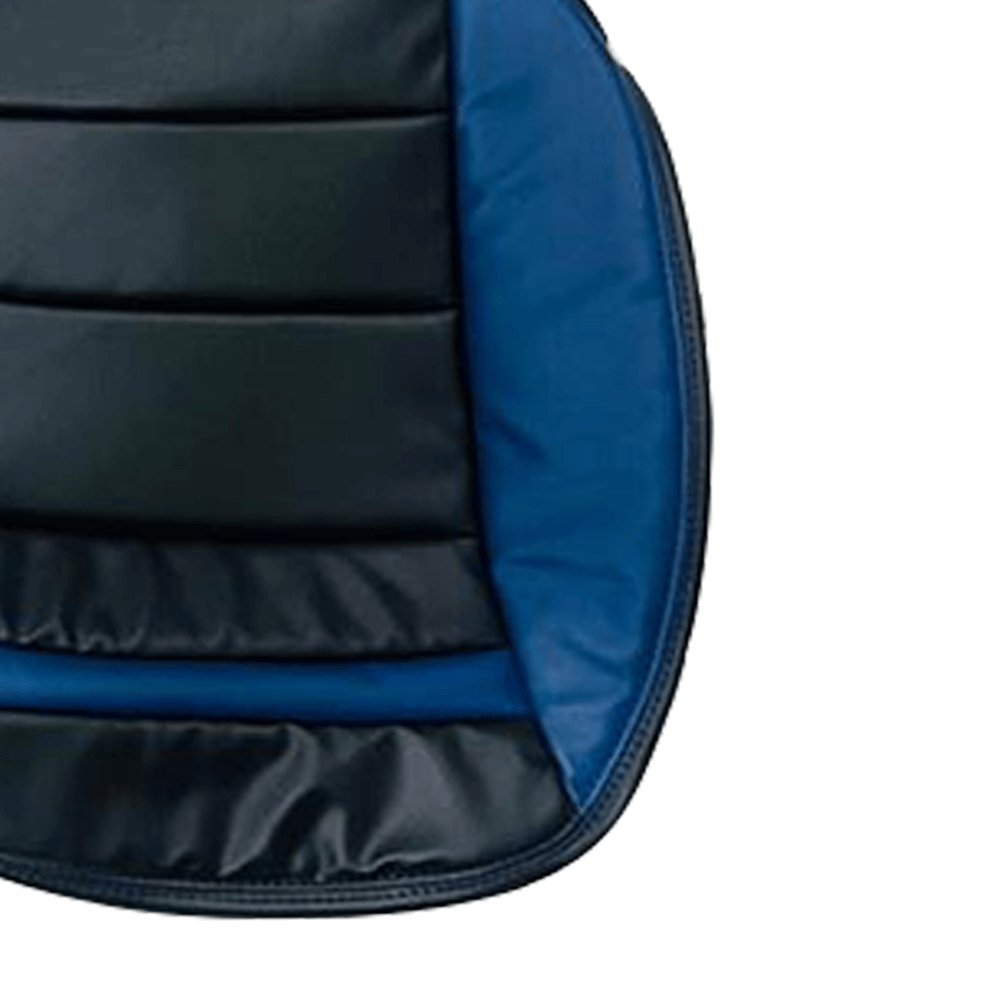 Front and detailed views of Corvette C6 black and blue faux leather seat covers. The covers showcase a dynamic design with blue panels and black accents, detailed stitching, and ergonomic contours. The combination of colors provides a bold and stylish look, enhancing the sporty aesthetic of the car's interior.