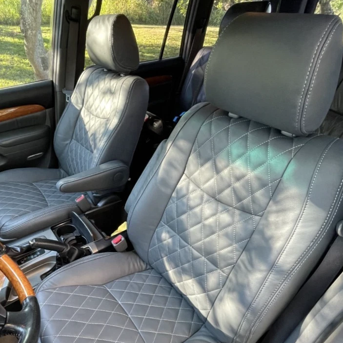 Lexus GX470 Seat Covers | 2002-2009 | Dark Gray | White Stitch | Diamond Pattern