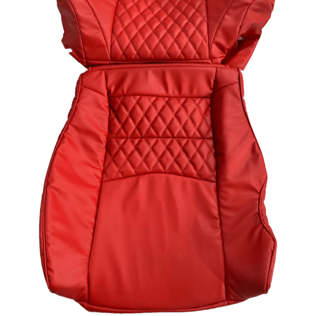 Pair of red leather seat covers for Nissan 350Z, featuring a bold diamond-stitch pattern and a snug fit, crafted for 2003-2008 models.
