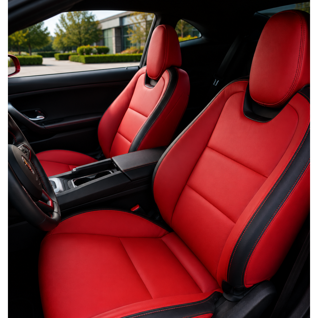 2010-2015 Chevrolet Camaro red replacement seat skins with black accents and OEM-style muscle car interior restoration