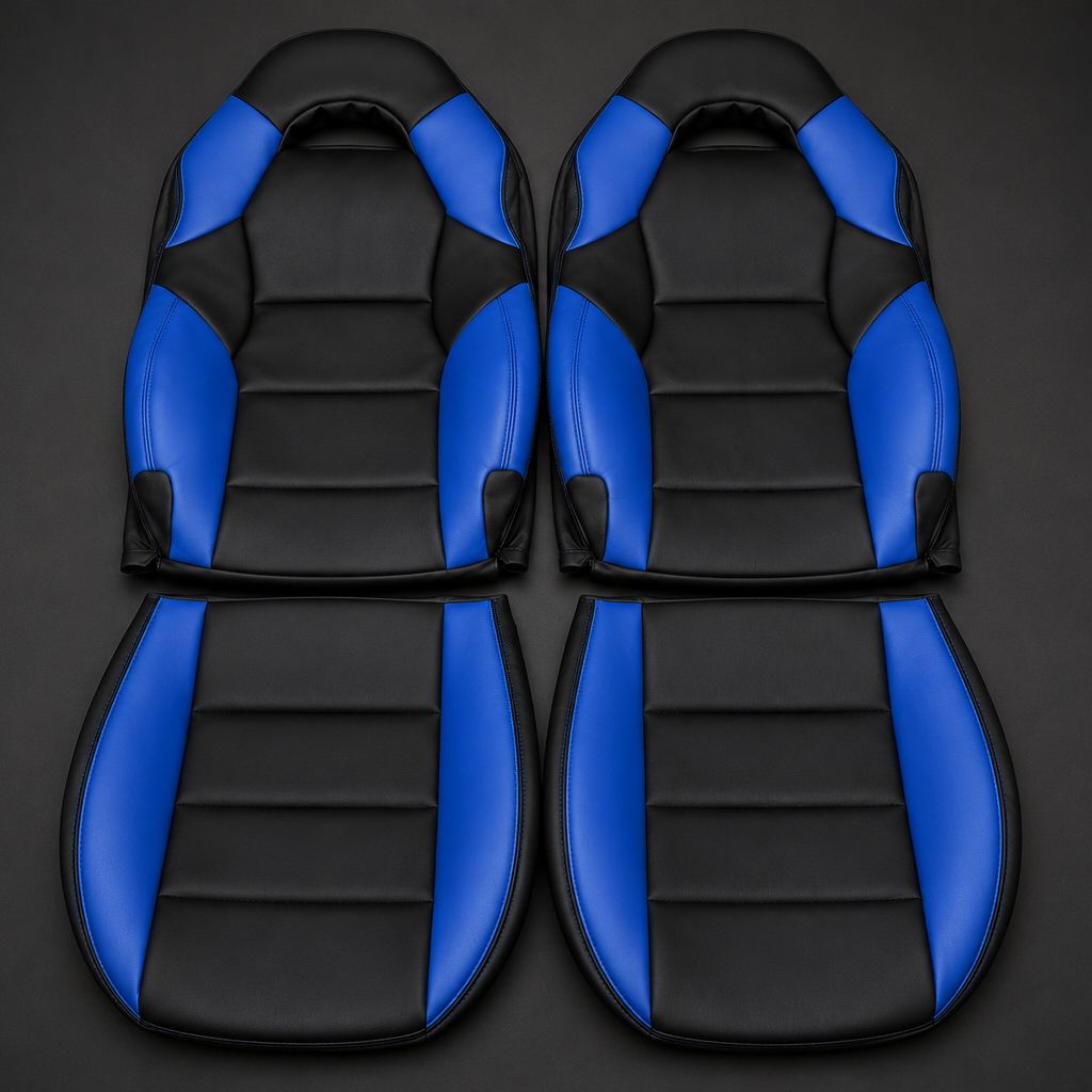 Toyota Celica T230 blue and black OEM replacement seat covers for 1999-2006 models with sporty tuner-inspired interior styling