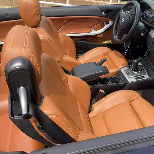 Brown OEM seat cover replacement for 1998–2004 BMW E46 Convertible Sport. Premium leather with factory-fit design tailored for sport seats.