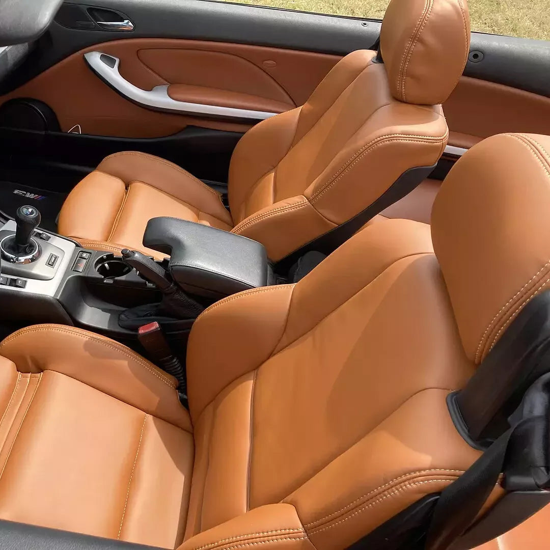 Rich brown leather seat covers for BMW E46 Convertible Sport (1998–2004). OEM replacement design with precise fitment for sport seat contours.