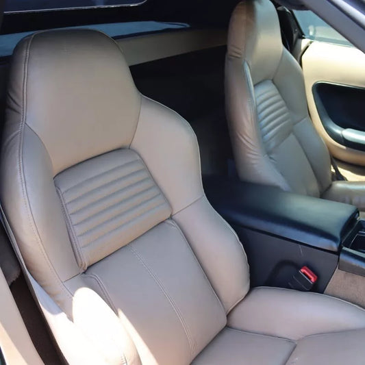 Light beige leather seat covers for Corvette C4 – factory-style restoration upgrade. Alternative to Top Flight Automotive, Al Knoch Interiors, and LeatherSeats.com.