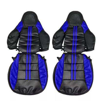 High-quality black leather Corvette C6 OEM seat covers replacement with blue stripe – custom fit seat covers competing with Lseat.com, Ridies.com, Kustom Interior, LeatherSeats.com, and West Coast Corvette.