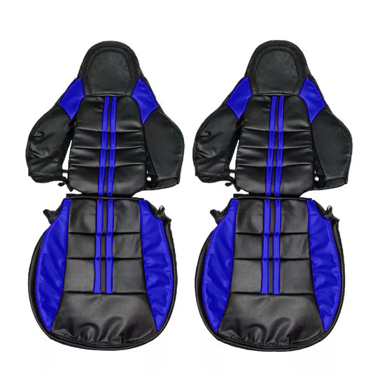High-quality black leather Corvette C6 OEM seat covers replacement with blue stripe – custom fit seat covers competing with Lseat.com, Ridies.com, Kustom Interior, LeatherSeats.com, and West Coast Corvette.