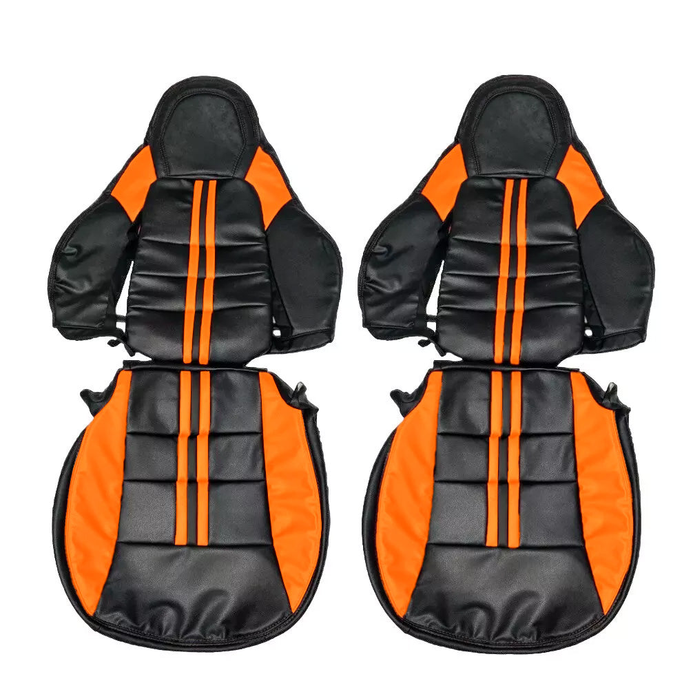 Sporty black and orange Corvette C6 OEM seat covers replacement – premium leather upgrade for C6 models. Compare with Kustom Interior, Lseat.com, Ridies.com, LeatherSeats.com, and West Coast Corvette.