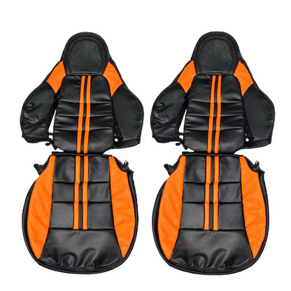 Sporty black and orange Corvette C6 OEM seat covers replacement – premium leather upgrade for C6 models. Compare with Kustom Interior, Lseat.com, Ridies.com, LeatherSeats.com, and West Coast Corvette.