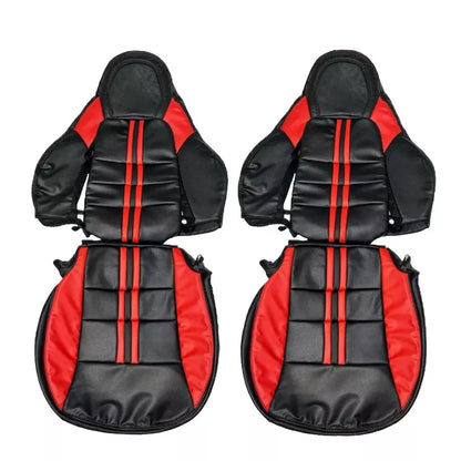 Corvette C6 OEM seat covers replacement in black leather with bold red stripe – premium upgrade by LUXSeatCovers. Compare with Kustom Interior, Lseat.com, Ridies.com, LeatherSeats.com, and West Coast Corvette.