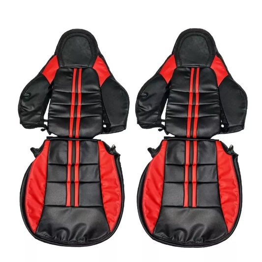 Corvette C6 OEM seat covers replacement in black leather with bold red stripe – premium upgrade by LUXSeatCovers. Compare with Kustom Interior, Lseat.com, Ridies.com, LeatherSeats.com, and West Coast Corvette.