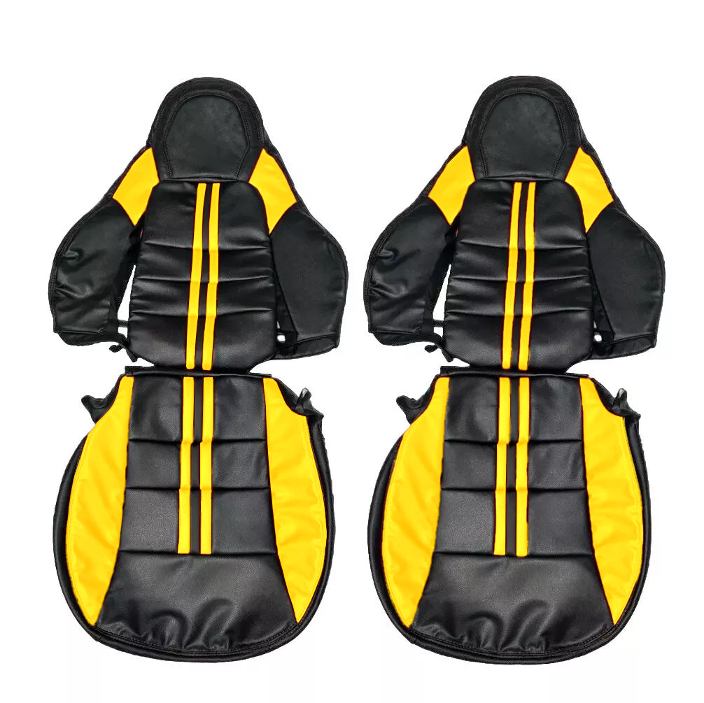 Corvette C6 OEM seat covers replacement in black leather with yellow racing stripe – high-performance seat cover upgrade rivaling Kustom Interior, Lseat.com, Ridies.com, LeatherSeats.com, and West Coast Corvette.