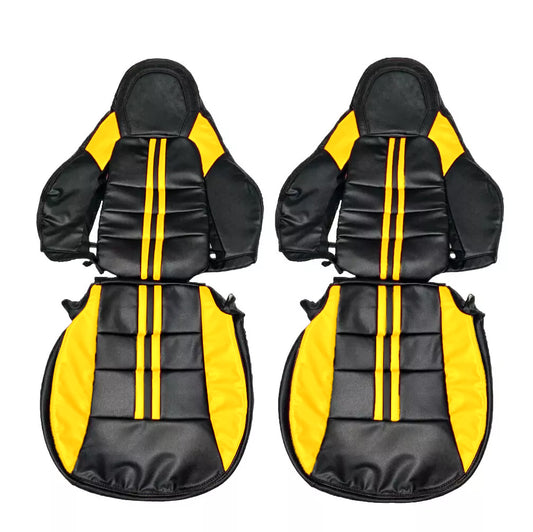 Corvette C6 OEM seat covers replacement in black leather with yellow racing stripe – high-performance seat cover upgrade rivaling Kustom Interior, Lseat.com, Ridies.com, LeatherSeats.com, and West Coast Corvette.