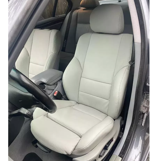 Gray OEM seat cover replacement for 1998–2004 BMW E46 Convertible Sport. Precision-fit leather covers designed for factory sport seats with a clean, refined look.