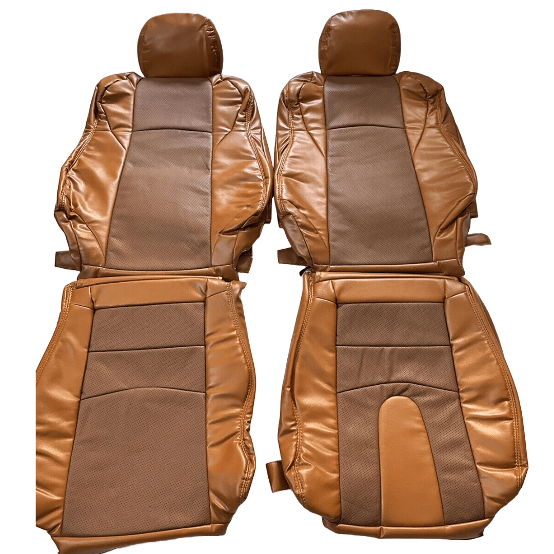 Nissan 350Z synthetic leather seat covers in brown and tan, designed for 2003-2008 models, displayed flat showing the color contrast and detailed design.