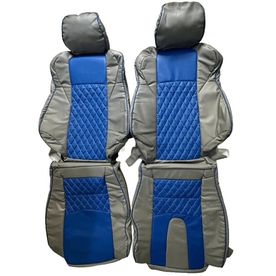 Nissan 350Z synthetic leather seat covers in gray with blue diamond pattern, designed for 2003-2008 models, displayed flat showcasing the detailed design.