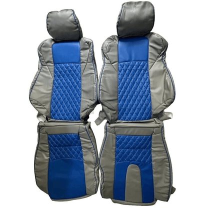Nissan 350Z synthetic leather seat covers in gray with blue diamond pattern, designed for 2003-2008 models, displayed flat showcasing the detailed design.