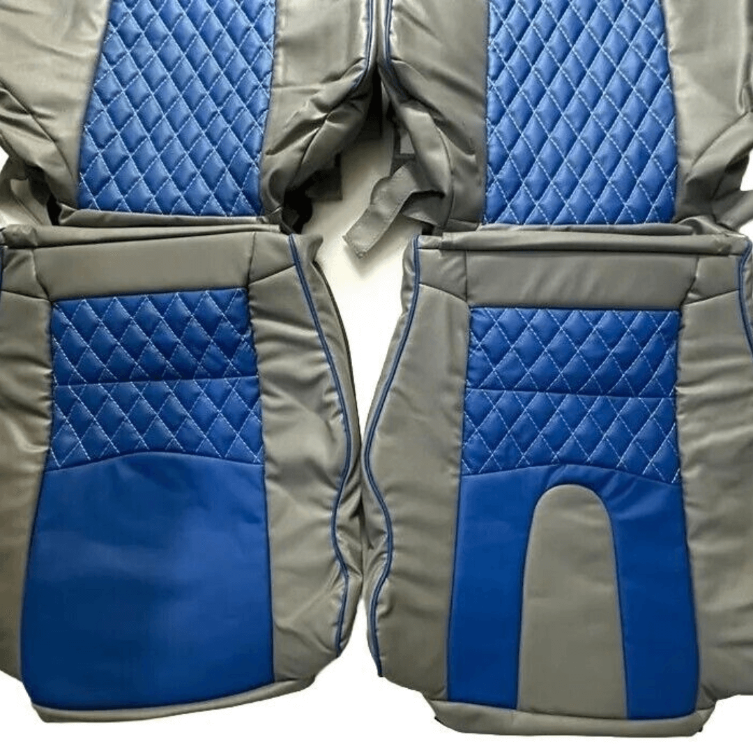 Nissan 350Z synthetic leather seat covers in gray with blue diamond pattern, designed for 2003-2008 models, displayed flat showcasing the detailed design.