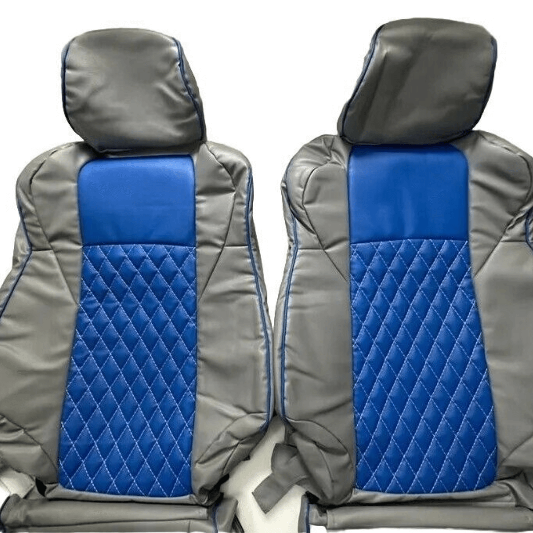Nissan 350Z synthetic leather seat covers in gray with blue diamond pattern, designed for 2003-2008 models, displayed flat showcasing the detailed design.