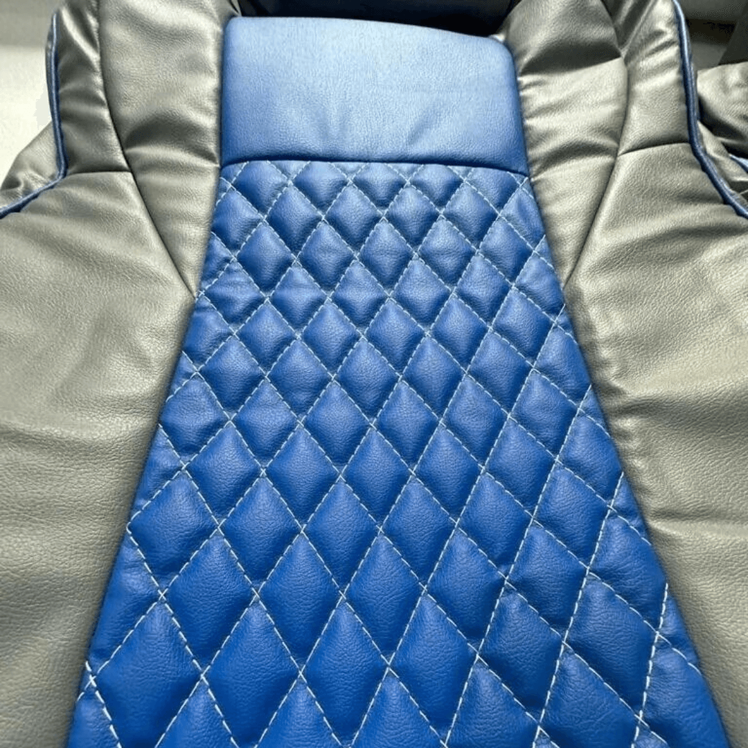 Nissan 350Z synthetic leather seat covers in gray with blue diamond pattern, designed for 2003-2008 models, displayed flat showcasing the detailed design.