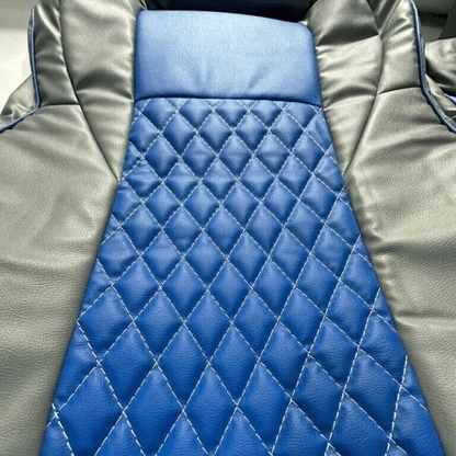Nissan 350Z synthetic leather seat covers in gray with blue diamond pattern, designed for 2003-2008 models, displayed flat showcasing the detailed design.