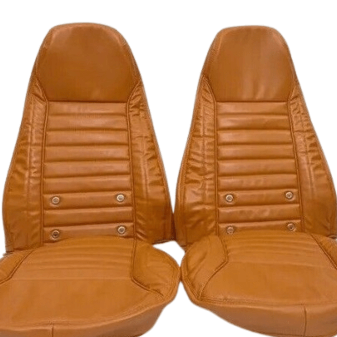 Premium Datsun 240Z full faux leather car seat covers in a classic tan color, designed to perfectly fit and protect the seats of a Datsun 240Z from 1970-1978, adding a luxurious touch to the vehicle’s interior.