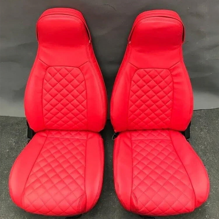 Pair of vibrant red leather Mazda Miata seat covers with diamond stitching, designed as OEM replacements for 1989–2000 NA and early NB models.