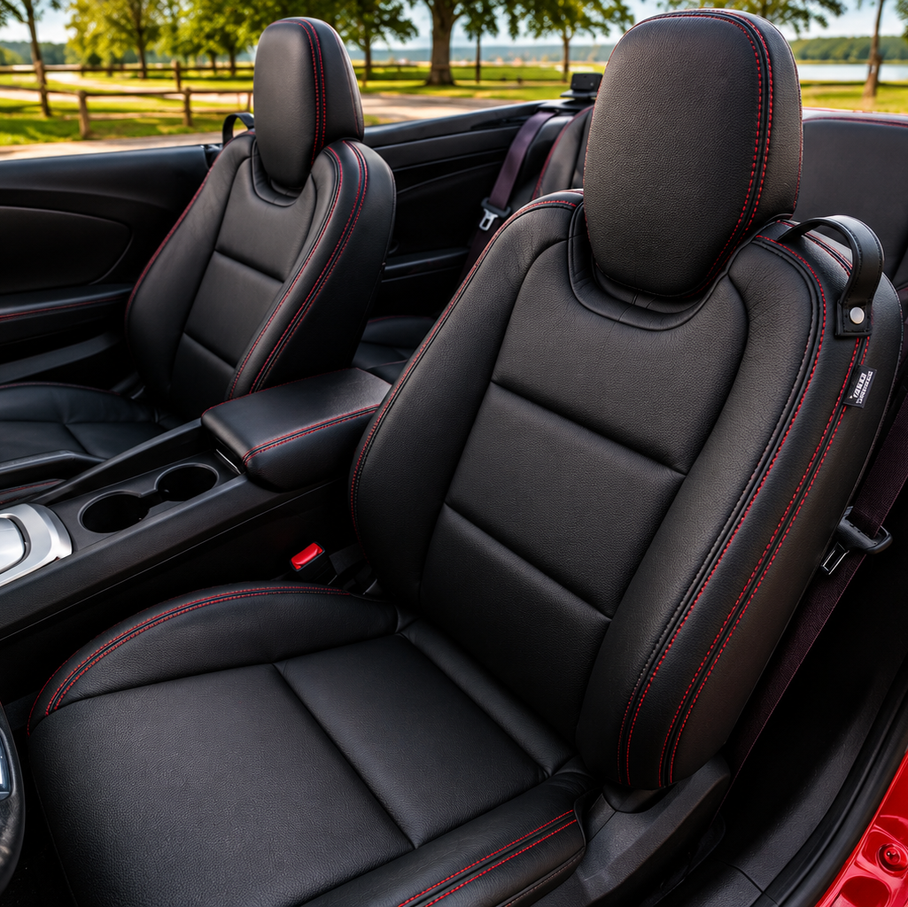 2010-2015 Chevrolet Camaro black replacement seat skins with red stitching and OEM-style muscle car interior restoration