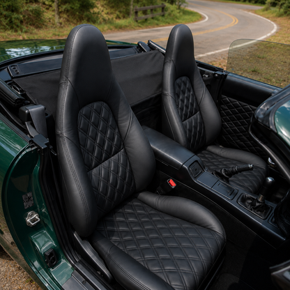 Black diamond-stitched leather seat covers installed in a Mazda MX-5 NB Miata convertible. OEM-style replacement seat skins featuring quilted inserts and premium upholstery for a restored sports car interior.