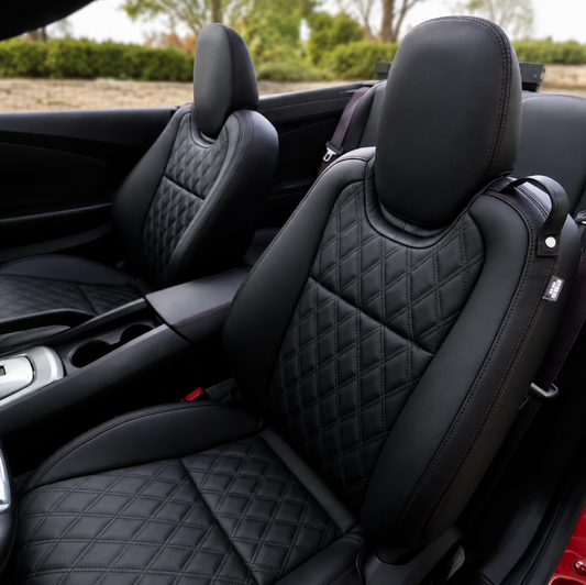 2010-2015 Chevrolet Camaro black diamond replacement seat skins with OEM-style muscle car interior restoration design
