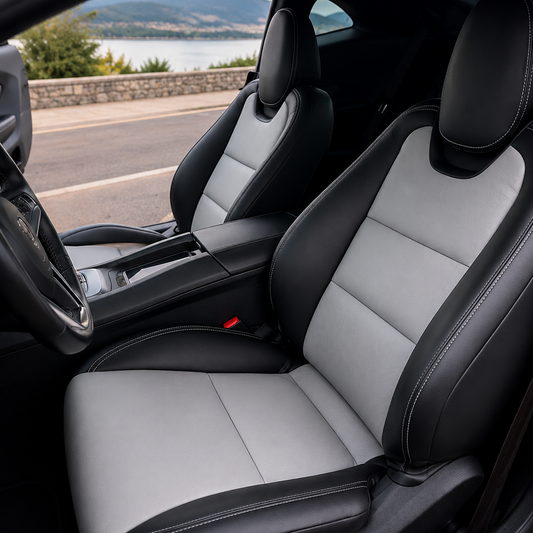 2010-2015 Chevrolet Camaro black and gray OEM replacement seat skins with factory-inspired muscle car interior styling