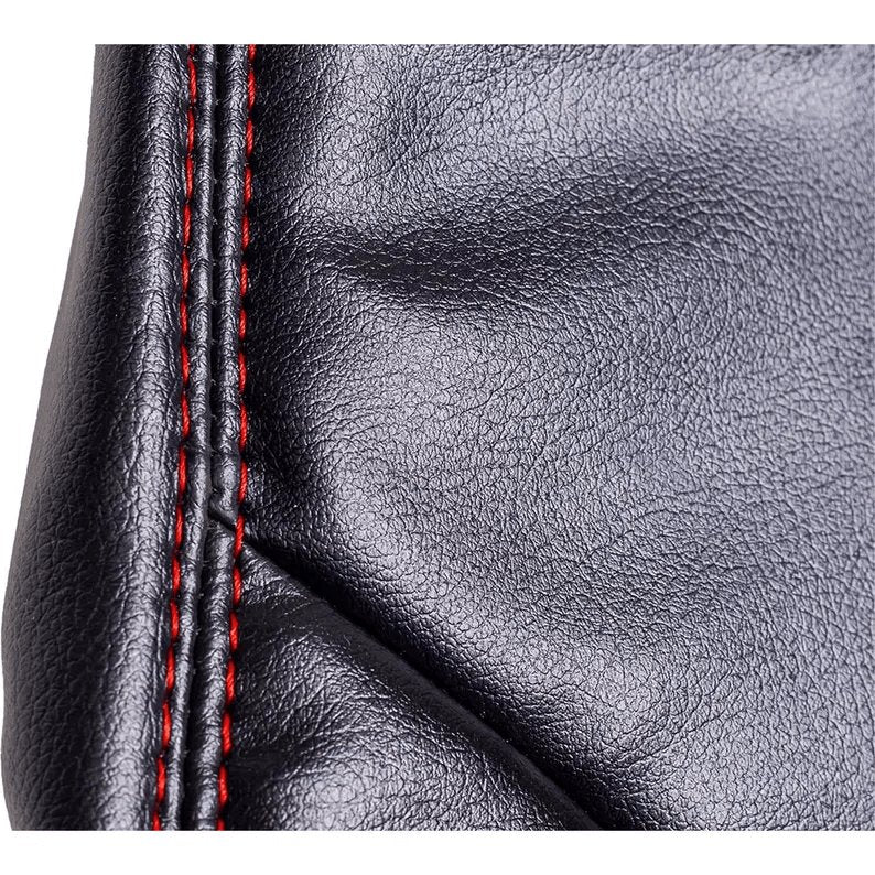 Close-up of the top section of the black leather replacement car seat cover for a Corvette C5, featuring subtle embossing on the leather surface.