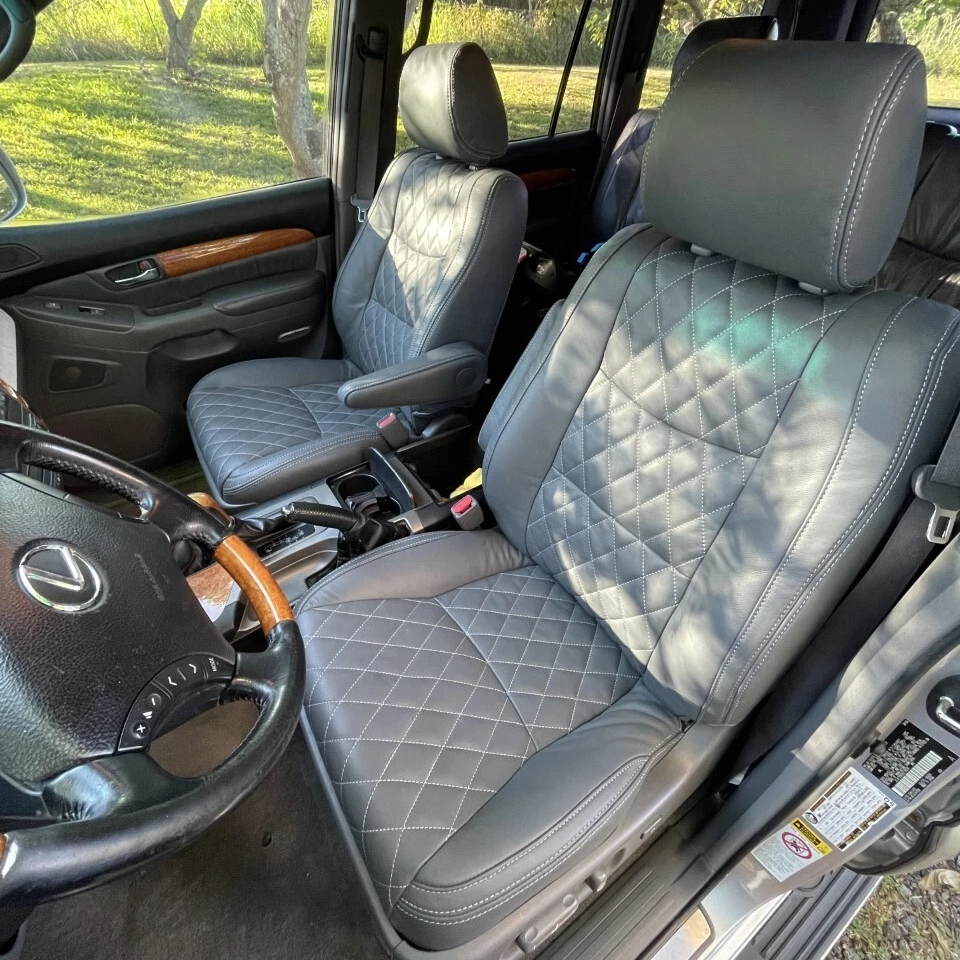 Lexus GX470 Seat Covers | 2002-2009 | Dark Gray | White Stitch | Diamond Pattern