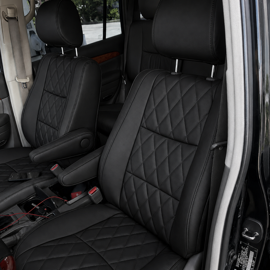 Black diamond stitched leather seat covers for Lexus GX470 2002-2009 with OEM style replacement upholstery, black stitching, and premium quilted center panels.