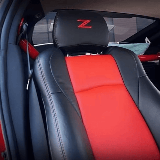 Nissan 350Z red and black leather seat covers featuring a sleek and modern design, perfectly tailored for the 2003-2008 model interior.