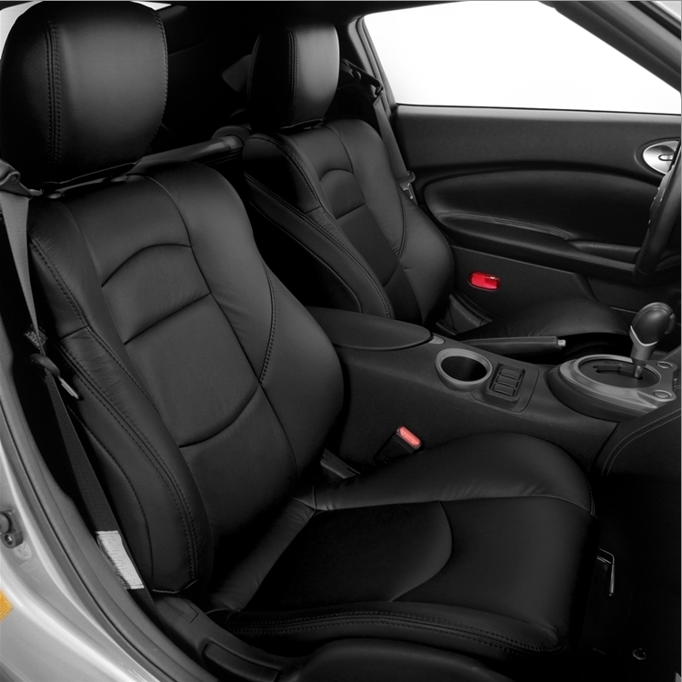 Nissan 370Z (2009–2016) plain black full leather replacement seat covers, OEM-fit upholstery kit for cloth manual seats only. Competitor options include LSeat, Ridies, and AutoSeatSkins.