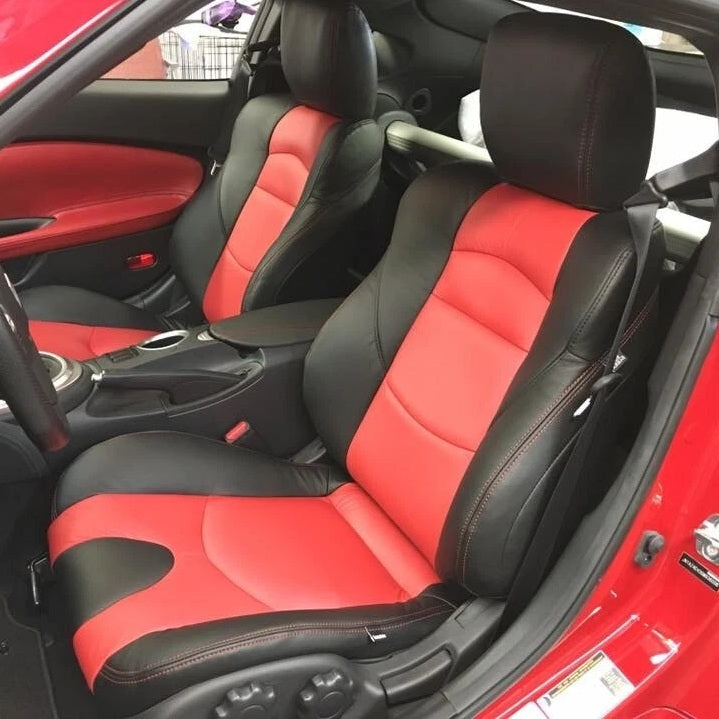 Nissan 370Z (2009–2016) black and red full-leather replacement seat covers, OEM-fit upholstery kit for cloth manual seats. Comparable to Katzkin, LSeat and Ridies.