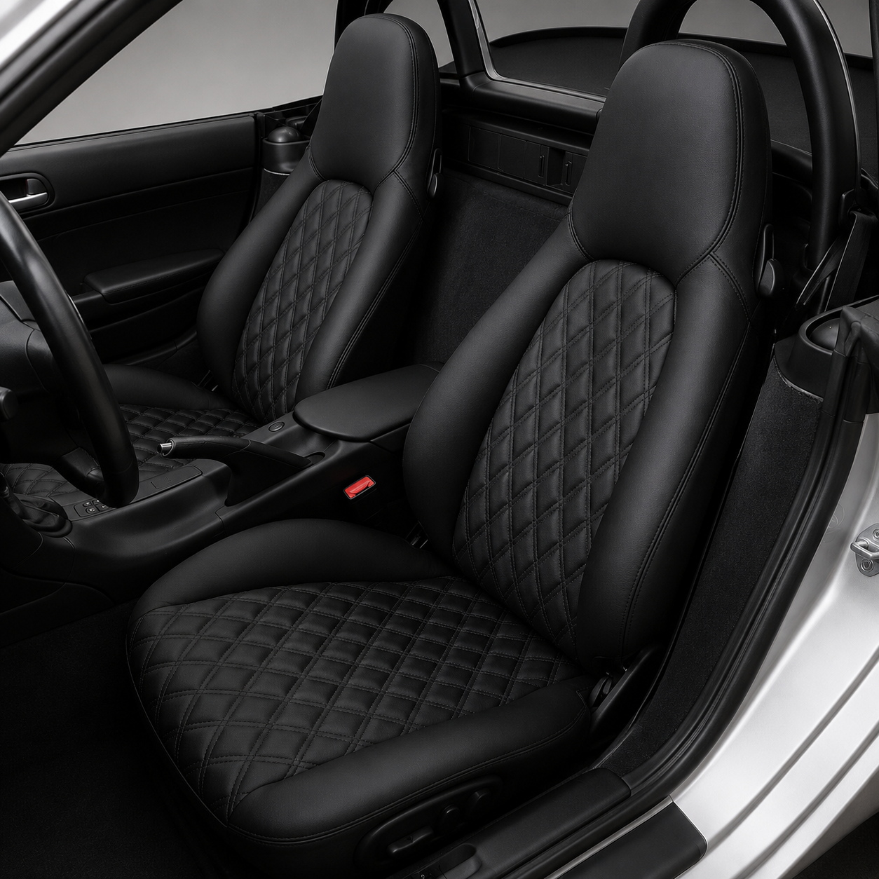 Porsche Boxster 986 OEM replacement seat covers in black leather with black diamond stitching for 1997-2004 models, featuring premium quilted center panels and factory-style upholstery design.