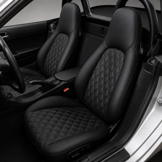 Porsche Boxster 986 OEM replacement seat covers in black leather with black diamond stitching for 1997-2004 models, featuring premium quilted center panels and factory-style upholstery design.