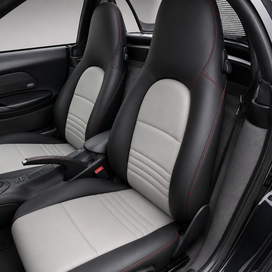 Porsche Boxster 986 OEM replacement seat covers in black and gray leather with red stitching for 1997-2004 models, featuring a clean sporty interior and factory-style upholstery design.