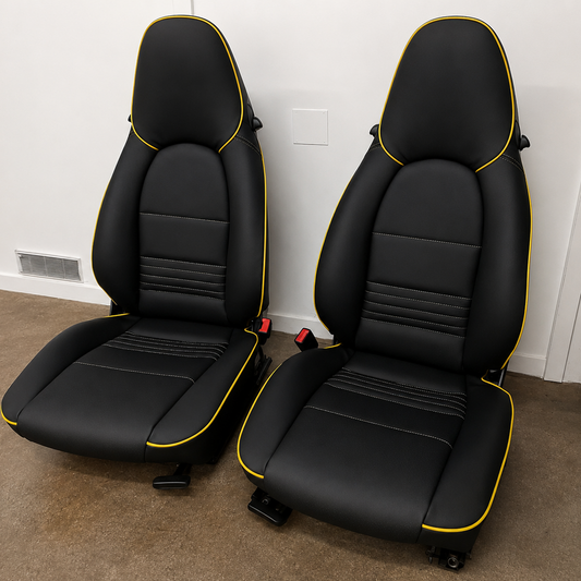 Black Porsche Boxster 986 leather seat covers with yellow piping shown on two sport seats in a clean indoor garage setting.