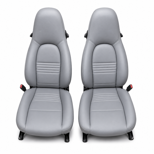 Custom Porsche Boxster 986 (1997-2004) seat covers in sleek gray leather, offering a perfect blend of comfort, durability, and modern elegance for your car's interior.