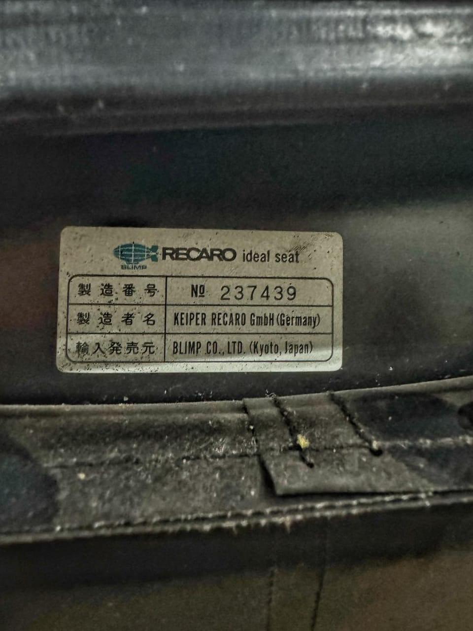 Recaro authenticity label on the SR3 Confetti DC2 Type R bucket seat, indicating model number and origin of manufacture in Japan.