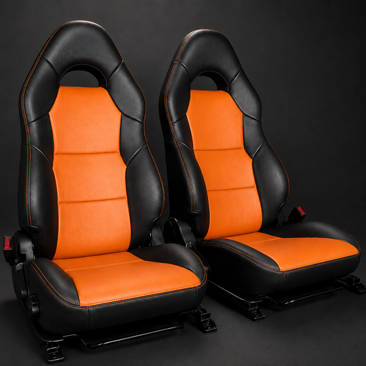 Toyota Celica T230 black and orange OEM replacement seat covers for 1999-2006 models with sporty tuner-style interior design